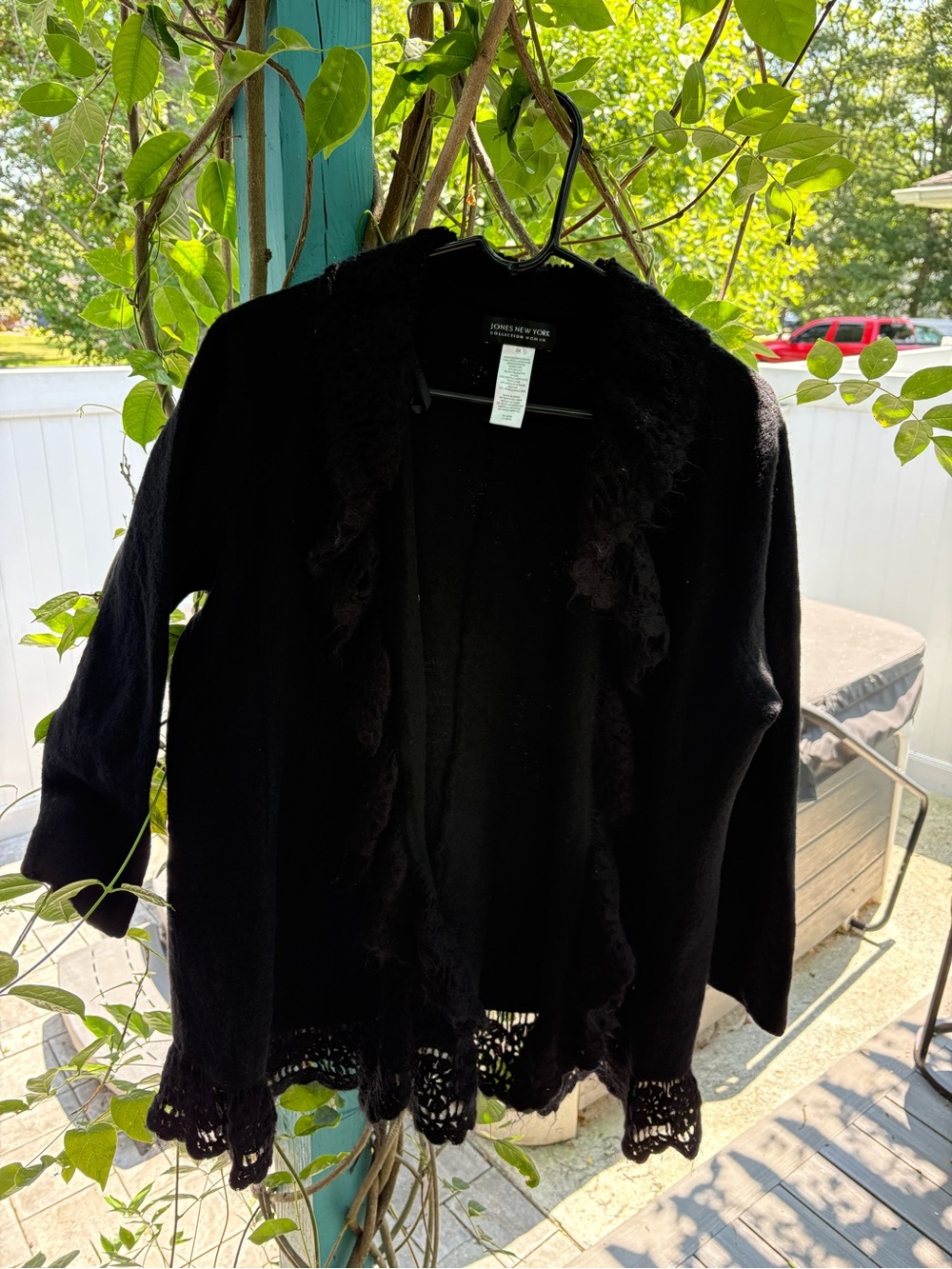 Jones New York Black Mohair & Wool blend Open-Front Cardigan with Crochet Trim